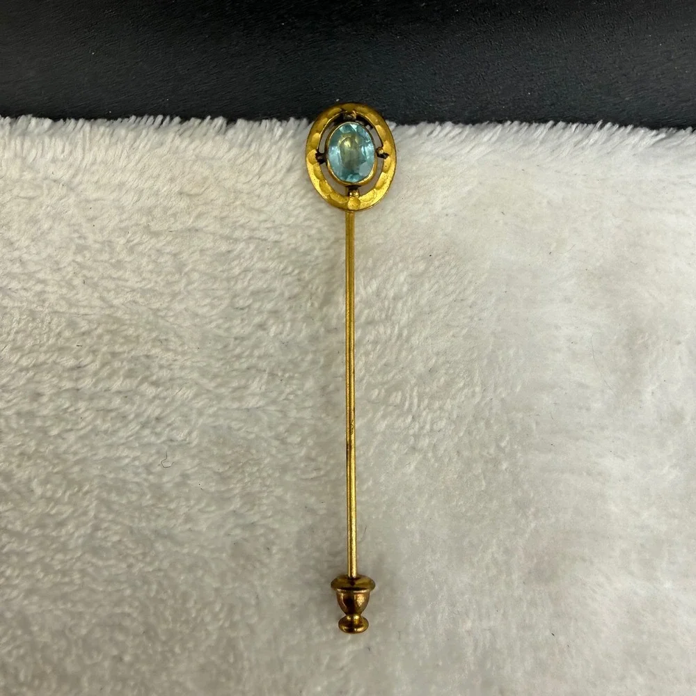 Vintage CPB Stick Pin Gold Tone Light Blue Oval Stone Hammered Circle